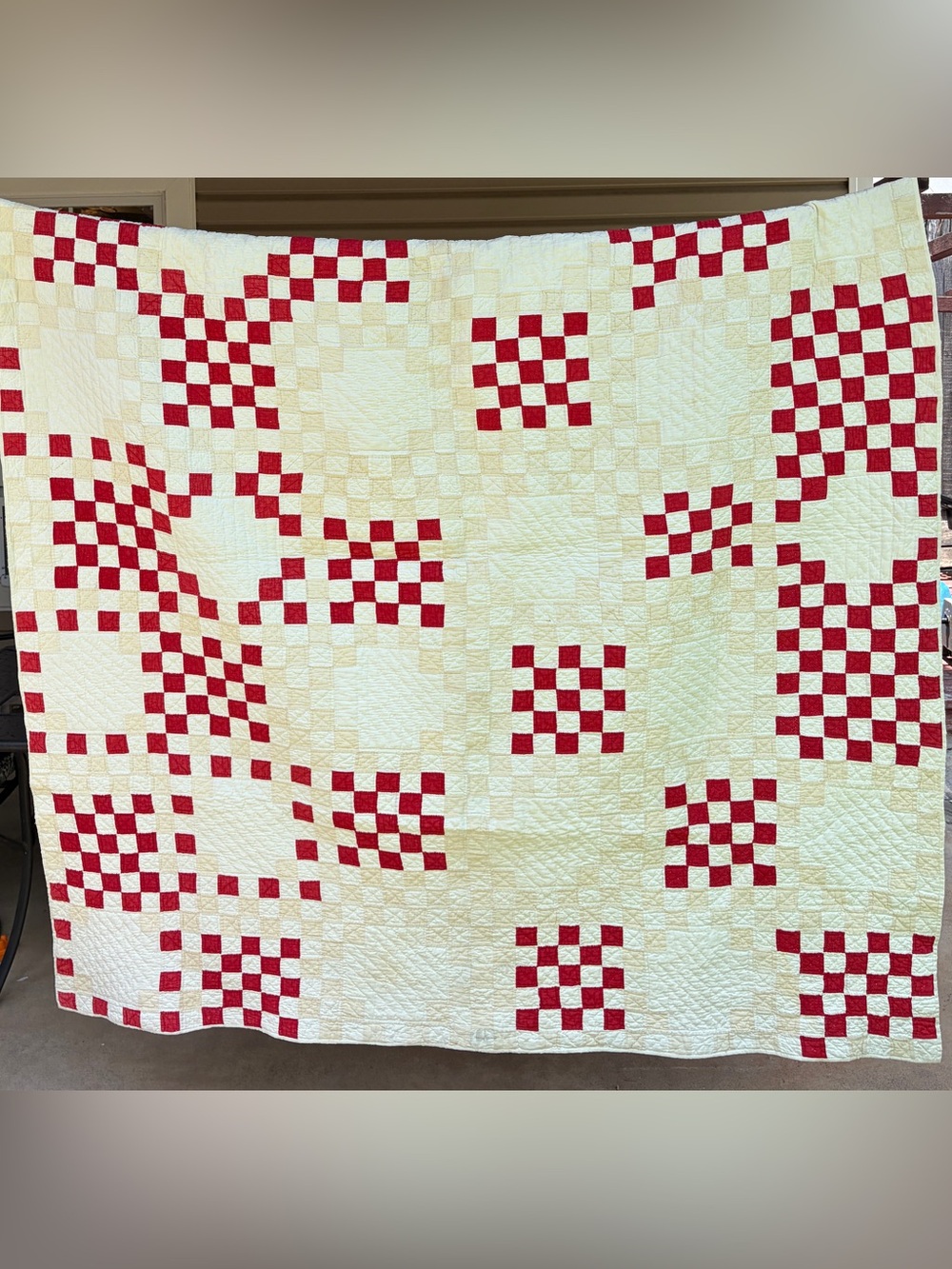 Vintage 1930-1940s Red & White Patchwork Checkered Feed Sack Quilt 65x74